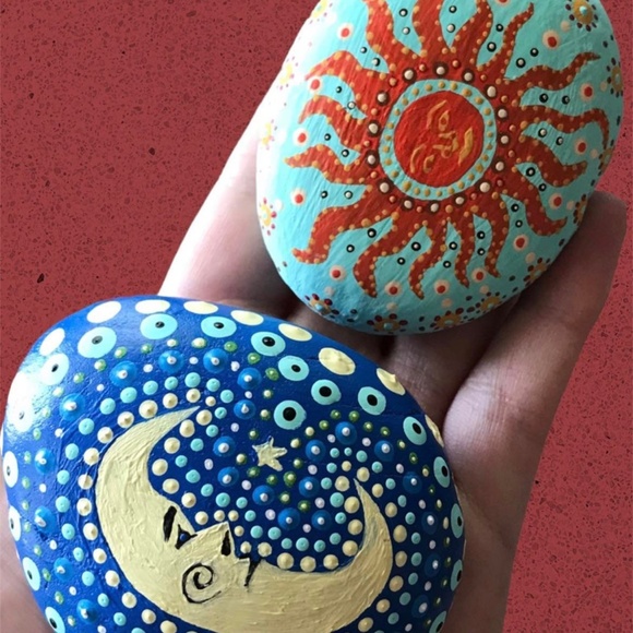 Hand-painted Patio Mandala Rocks • Set of 2 • Moon & Sun - Picture 7 of 7